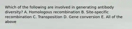 Which of the following are involved in generating antibody diversity? A. Homologous recombination B. Site-specific recombination C. Transposition D. Gene conversion E. All of the above