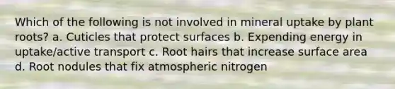 Which of the following is not involved in mineral uptake by plant roots? a. Cuticles that protect surfaces b. Expending energy in uptake/active transport c. Root hairs that increase surface area d. Root nodules that fix atmospheric nitrogen