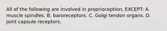 All of the following are involved in proprioception, EXCEPT: A. muscle spindles. B. baroreceptors. C. Golgi tendon organs. D. joint capsule receptors.