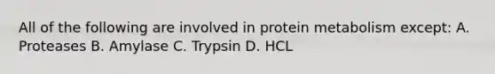 All of the following are involved in protein metabolism except: A. Proteases B. Amylase C. Trypsin D. HCL