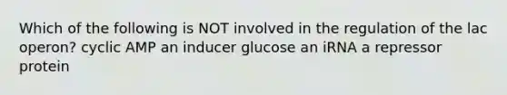 Which of the following is NOT involved in the regulation of the lac operon? cyclic AMP an inducer glucose an iRNA a repressor protein