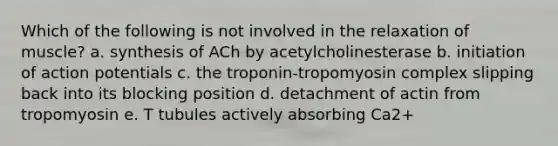 Which of the following is not involved in the relaxation of muscle? a. synthesis of ACh by acetylcholinesterase b. initiation of action potentials c. the troponin-tropomyosin complex slipping back into its blocking position d. detachment of actin from tropomyosin e. T tubules actively absorbing Ca2+