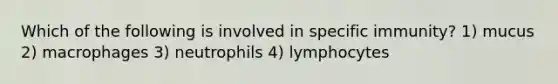 Which of the following is involved in specific immunity? 1) mucus 2) macrophages 3) neutrophils 4) lymphocytes