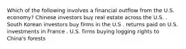 Which of the following involves a financial outflow from the U.S. economy? Chinese investors buy real estate across the U.S. . South Korean investors buy firms in the U.S . returns paid on U.S. investments in France . U.S. firms buying logging rights to China's forests