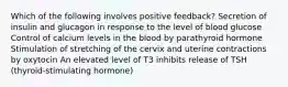 Which of the following involves positive feedback? Secretion of insulin and glucagon in response to the level of blood glucose Control of calcium levels in the blood by parathyroid hormone Stimulation of stretching of the cervix and uterine contractions by oxytocin An elevated level of T3 inhibits release of TSH (thyroid-stimulating hormone)