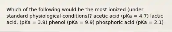 Which of the following would be the most ionized (under standard physiological conditions)? acetic acid (pKa = 4.7) lactic acid, (pKa = 3.9) phenol (pKa = 9.9) phosphoric acid (pKa = 2.1)