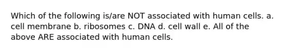 Which of the following is/are NOT associated with human cells. a. cell membrane b. ribosomes c. DNA d. cell wall e. All of the above ARE associated with human cells.