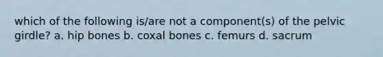 which of the following is/are not a component(s) of the pelvic girdle? a. hip bones b. coxal bones c. femurs d. sacrum