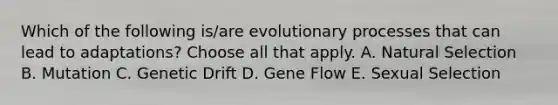 Which of the following is/are evolutionary processes that can lead to adaptations? Choose all that apply. A. Natural Selection B. Mutation C. Genetic Drift D. Gene Flow E. Sexual Selection