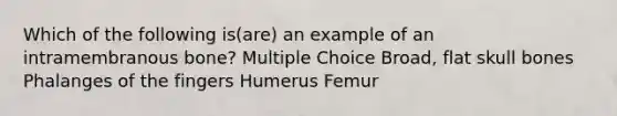 Which of the following is(are) an example of an intramembranous bone? Multiple Choice Broad, flat skull bones Phalanges of the fingers Humerus Femur