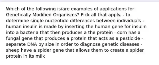 Which of the following is/are examples of applications for Genetically Modified Organisms? Pick all that apply. - to determine single nucleotide differences between individuals - human insulin is made by inserting the human gene for insulin into a bacteria that then produces a the protein - corn has a fungal gene that produces a protein that acts as a pesticide - separate DNA by size in order to diagnose genetic diseases -sheep have a spider gene that allows them to create a spider protein in its milk