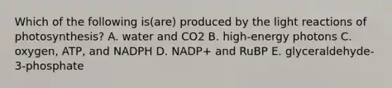 Which of the following is(are) produced by the light reactions of photosynthesis? A. water and CO2 B. high-energy photons C. oxygen, ATP, and NADPH D. NADP+ and RuBP E. glyceraldehyde-3-phosphate