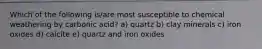 Which of the following is/are most susceptible to chemical weathering by carbonic acid? a) quartz b) clay minerals c) iron oxides d) calcite e) quartz and iron oxides