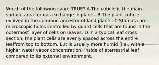 Which of the following is/are TRUE? A.The cuticle is the main surface area for gas exchange in plants. B.The plant cuticle evolved in the common ancestor of land plants. C.Stomata are microscopic holes controlled by guard cells that are found in the outermost layer of cells on leaves. D.In a typical leaf cross section, the plant cells are evenly spaced across the entire leaffrom top to bottom. E.It is usually more humid (i.e., with a higher water vapor concentration) inside of aterrestrial leaf compared to its external environment.