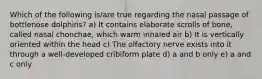 Which of the following is/are true regarding the nasal passage of bottlenose dolphins? a) It contains elaborate scrolls of bone, called nasal chonchae, which warm inhaled air b) It is vertically oriented within the head c) The olfactory nerve exists into it through a well-developed cribiform plate d) a and b only e) a and c only