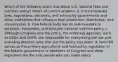 Which of the following is/are true about U.S. national food and nutrition policy? Select all correct answers. a. It encompasses laws, regulations, decisions, and actions by governments and other institutions that influence food production, distribution, and consumption. b. One federal body has its sole mandate to establish, implement, and evaluate national nutrition policy. c. Although Congress sets the policy, the enforcing agencies, such as USDA and DHHS, are responsible for interpreting the law and providing detailed rules that put the policy into place. d. Farm Bill serves as the primary agricultural and food policy legislation of the federal government. e. Members of Congress and state legislators are the only people who can make policy