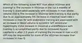 Which of the following is/are NOT true about VO2max and training? a The increase in VO2max in the 1st 4 months of training is associated especially with increases in max stroke volume (SV) b The increase in VO2max with training is due partly due to an approximately 5% increase in maximal heart rate c increases in max SV with endurance training are associated with an increase in blood volume & eccentric left ventricular hypertrophy d the increase in maximal a-vO2difference with training is accomplished partly due to increased muscle capillarity e after 2.5 years of training the increase in max a-vO2 diff may be responsible for more of the VO2max increase than increases in max Q