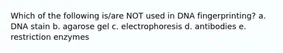 Which of the following is/are NOT used in DNA fingerprinting? a. DNA stain b. agarose gel c. electrophoresis d. antibodies e. restriction enzymes