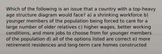 Which of the following is an issue that a country with a top-heavy age structure diagram would face? a) a shrinking workforce b) younger members of the population being forced to care for a large number of older relatives c) higher wages, better working conditions, and more jobs to choose from for younger members of the population d) all of the options listed are correct e) more retirement residences and long-term care homes constructed