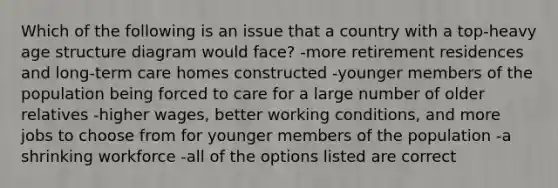 Which of the following is an issue that a country with a top-heavy age structure diagram would face? -more retirement residences and long-term care homes constructed -younger members of the population being forced to care for a large number of older relatives -higher wages, better working conditions, and more jobs to choose from for younger members of the population -a shrinking workforce -all of the options listed are correct