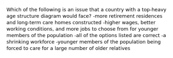 Which of the following is an issue that a country with a top-heavy age structure diagram would face? -more retirement residences and long-term care homes constructed -higher wages, better working conditions, and more jobs to choose from for younger members of the population -all of the options listed are correct -a shrinking workforce -younger members of the population being forced to care for a large number of older relatives