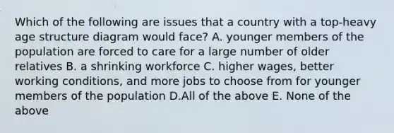 Which of the following are issues that a country with a top-heavy age structure diagram would face? A. younger members of the population are forced to care for a large number of older relatives B. a shrinking workforce C. higher wages, better working conditions, and more jobs to choose from for younger members of the population D.All of the above E. None of the above