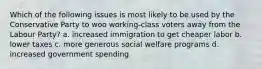 Which of the following issues is most likely to be used by the Conservative Party to woo working-class voters away from the Labour Party? a. increased immigration to get cheaper labor b. lower taxes c. more generous social welfare programs d. increased government spending