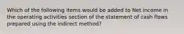 Which of the following items would be added to Net income in the operating activities section of the statement of cash flows prepared using the indirect method?