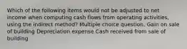 Which of the following items would not be adjusted to net income when computing cash flows from operating activities, using the indirect method? Multiple choice question. Gain on sale of building Depreciation expense Cash received from sale of building