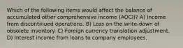 Which of the following items would affect the balance of accumulated other comprehensive income (AOCI)? A) Income from discontinued operations. B) Loss on the write-down of obsolete inventory. C) Foreign currency translation adjustment. D) Interest income from loans to company employees.