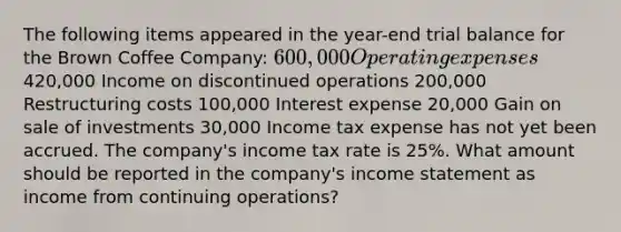 The following items appeared in the year-end trial balance for the Brown Coffee Company: 600,000 Operating expenses420,000 Income on discontinued operations 200,000 Restructuring costs 100,000 Interest expense 20,000 Gain on sale of investments 30,000 Income tax expense has not yet been accrued. The company's income tax rate is 25%. What amount should be reported in the company's income statement as income from continuing operations?