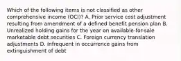 Which of the following items is not classified as other comprehensive income (OCI)? A. Prior service cost adjustment resulting from amendment of a defined benefit pension plan B. Unrealized holding gains for the year on available-for-sale marketable debt securities C. Foreign currency translation adjustments D. Infrequent in occurrence gains from extinguishment of debt