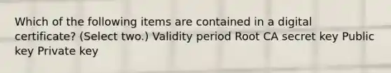 Which of the following items are contained in a digital certificate? (Select two.) Validity period Root CA secret key Public key Private key