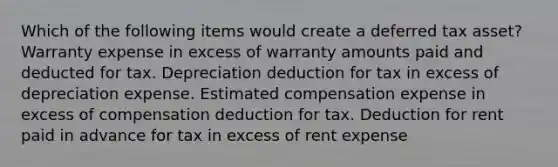 Which of the following items would create a deferred tax asset? Warranty expense in excess of warranty amounts paid and deducted for tax. Depreciation deduction for tax in excess of depreciation expense. Estimated compensation expense in excess of compensation deduction for tax. Deduction for rent paid in advance for tax in excess of rent expense