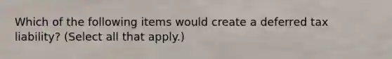 Which of the following items would create a deferred tax liability? (Select all that apply.)