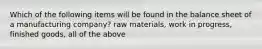 Which of the following items will be found in the balance sheet of a manufacturing company? raw materials, work in progress, finished goods, all of the above