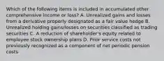 Which of the following items is included in accumulated other comprehensive income or loss? A. Unrealized gains and losses from a derivative properly designated as a fair value hedge B. Unrealized holding gains/losses on securities classified as trading securities C. A reduction of shareholder's equity related to employee stock ownership plans D. Prior service costs not previously recognized as a component of net periodic pension costs