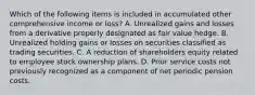 Which of the following items is included in accumulated other comprehensive income or loss? A. Unrealized gains and losses from a derivative properly designated as fair value hedge. B. Unrealized holding gains or losses on securities classified as trading securities. C. A reduction of shareholders equity related to employee stock ownership plans. D. Prior service costs not previously recognized as a component of net periodic pension costs.