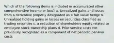 Which of the following items is included in accumulated other comprehensive income or loss? a. Unrealized gains and losses from a derivative properly designated as a fair value hedge b. Unrealized holding gains or losses on securities classified as trading securities c. a reduction of shareholders equity related to employee stock ownership plans d. Prior service costs not previously recognized as a component of net periodic pension costs