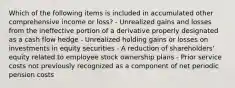 Which of the following items is included in accumulated other comprehensive income or loss? - Unrealized gains and losses from the ineffective portion of a derivative properly designated as a cash flow hedge - Unrealized holding gains or losses on investments in equity securities - A reduction of shareholders' equity related to employee stock ownership plans - Prior service costs not previously recognized as a component of net periodic pension costs