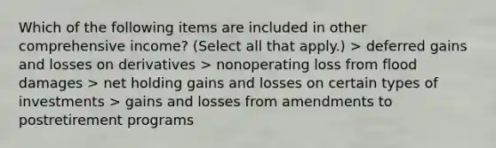 Which of the following items are included in other comprehensive income? (Select all that apply.) > deferred gains and losses on derivatives > nonoperating loss from flood damages > net holding gains and losses on certain types of investments > gains and losses from amendments to postretirement programs