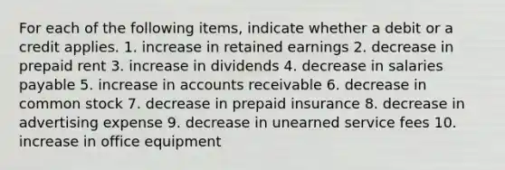 For each of the following items, indicate whether a debit or a credit applies. 1. increase in retained earnings 2. decrease in prepaid rent 3. increase in dividends 4. decrease in salaries payable 5. increase in accounts receivable 6. decrease in common stock 7. decrease in prepaid insurance 8. decrease in advertising expense 9. decrease in unearned service fees 10. increase in office equipment