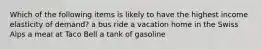 Which of the following items is likely to have the highest income elasticity of demand? a bus ride a vacation home in the Swiss Alps a meal at Taco Bell a tank of gasoline