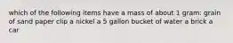 which of the following items have a mass of about 1 gram: grain of sand paper clip a nickel a 5 gallon bucket of water a brick a car