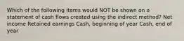 Which of the following items would NOT be shown on a statement of cash flows created using the indirect method? Net income Retained earnings Cash, beginning of year Cash, end of year