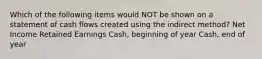 Which of the following items would NOT be shown on a statement of cash flows created using the indirect method? Net Income Retained Earnings Cash, beginning of year Cash, end of year