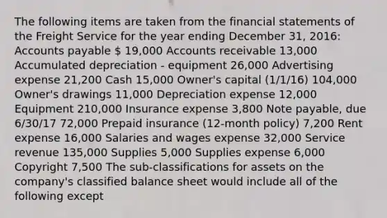 The following items are taken from the financial statements of the Freight Service for the year ending December 31, 2016: Accounts payable  19,000 Accounts receivable 13,000 Accumulated depreciation - equipment 26,000 Advertising expense 21,200 Cash 15,000 Owner's capital (1/1/16) 104,000 Owner's drawings 11,000 Depreciation expense 12,000 Equipment 210,000 Insurance expense 3,800 Note payable, due 6/30/17 72,000 Prepaid insurance (12-month policy) 7,200 Rent expense 16,000 Salaries and wages expense 32,000 Service revenue 135,000 Supplies 5,000 Supplies expense 6,000 Copyright 7,500 The sub-classifications for assets on the company's classified balance sheet would include all of the following except