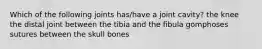 Which of the following joints has/have a joint cavity? the knee the distal joint between the tibia and the fibula gomphoses sutures between the skull bones