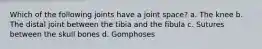 Which of the following joints have a joint space? a. The knee b. The distal joint between the tibia and the fibula c. Sutures between the skull bones d. Gomphoses