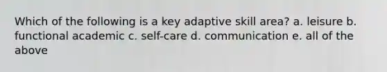 Which of the following is a key adaptive skill area? a. leisure b. functional academic c. self-care d. communication e. all of the above